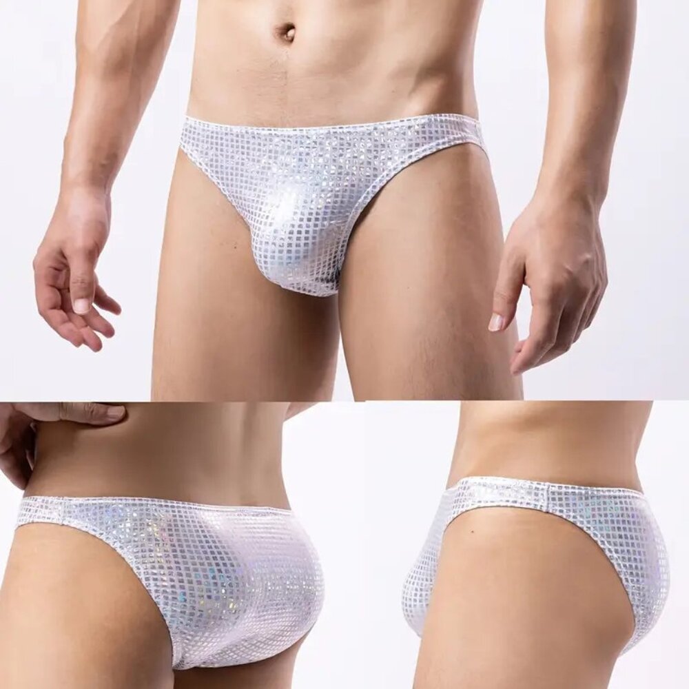 Men's Sexy Shiny Briefs - Stretchy Medium Silvery Grid Pattern Underwear NWT